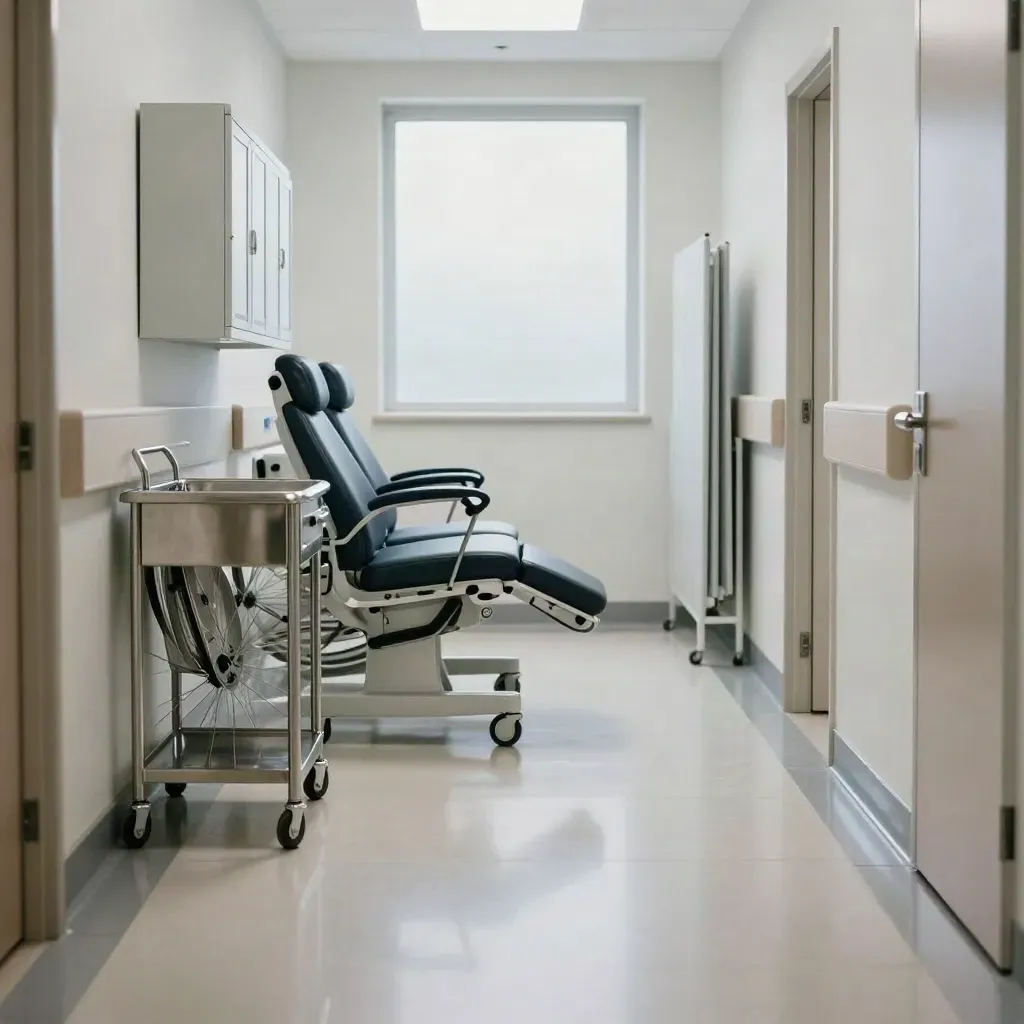 Empty clinic corridor with parked chairs, nested trolleys, and sealed cabinets in bright sterile light.