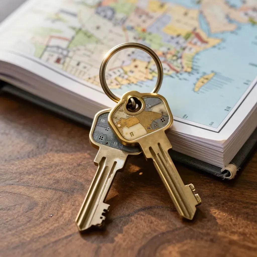 Brass key ring and house chips beside a closed atlas on a walnut dispatch desk.