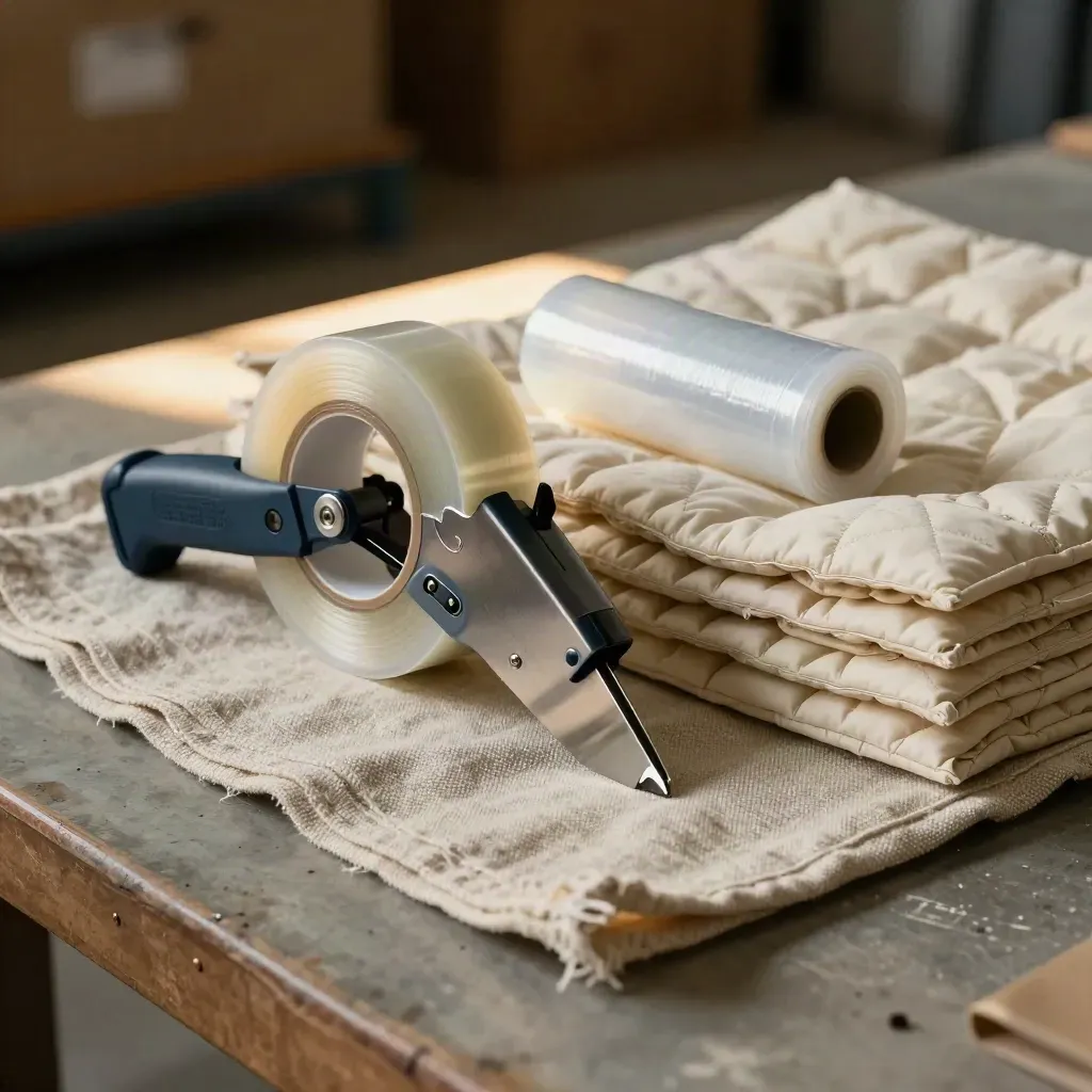 Tape gun, stretch-wrap roll and quilt pads on linen cloth in warm warehouse light