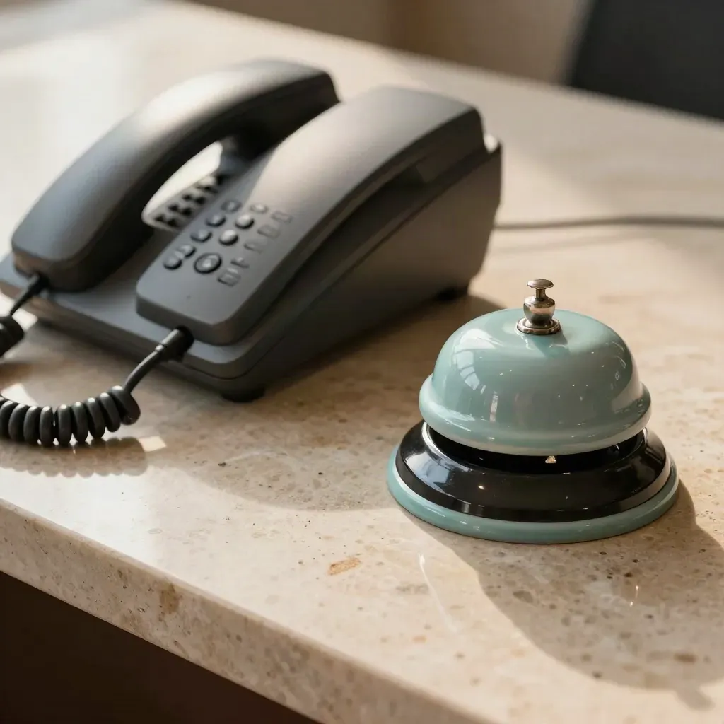Headset dock, phone cradle and ceramic call bell on a stone counter in soft daylight.