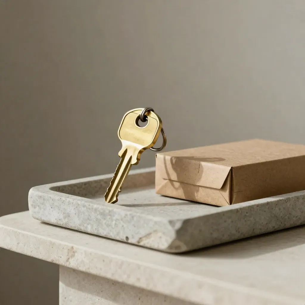 Brass key ring, blank destination chips, and a sealed carton in a stone tray, softly lit.