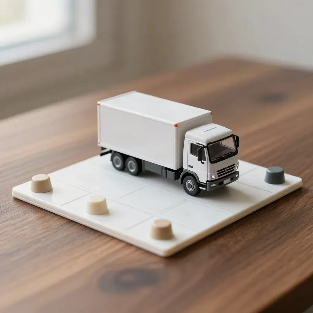 Mini box truck, three route pegs, and planning board on walnut with soft daylight