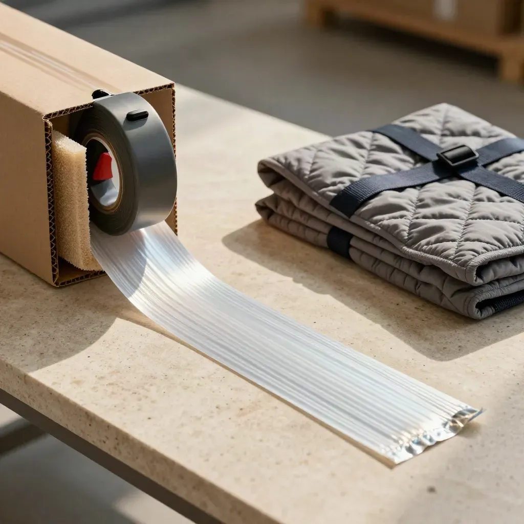 Tape gun wrapping a carton corner beside foam and a quilt pad on a limestone bench.