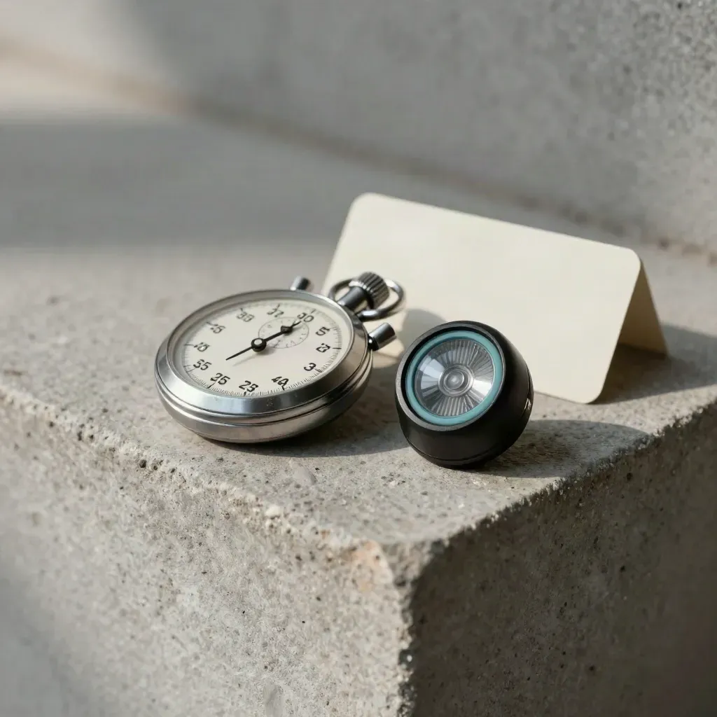 Stopwatch, truck beacon fob and arrival marker on a stone ledge