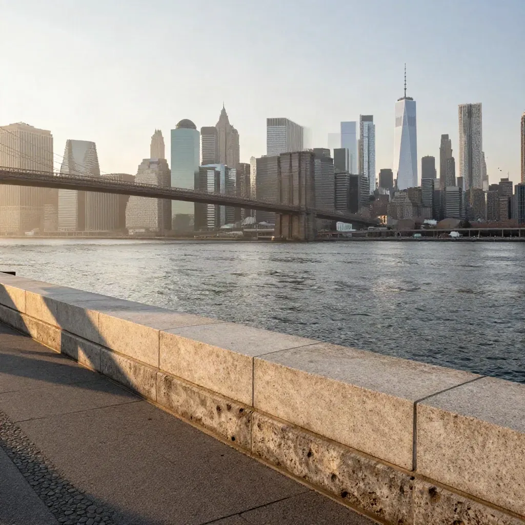 Manhattan skyline and bridge above the East River in golden haze, calm water below.