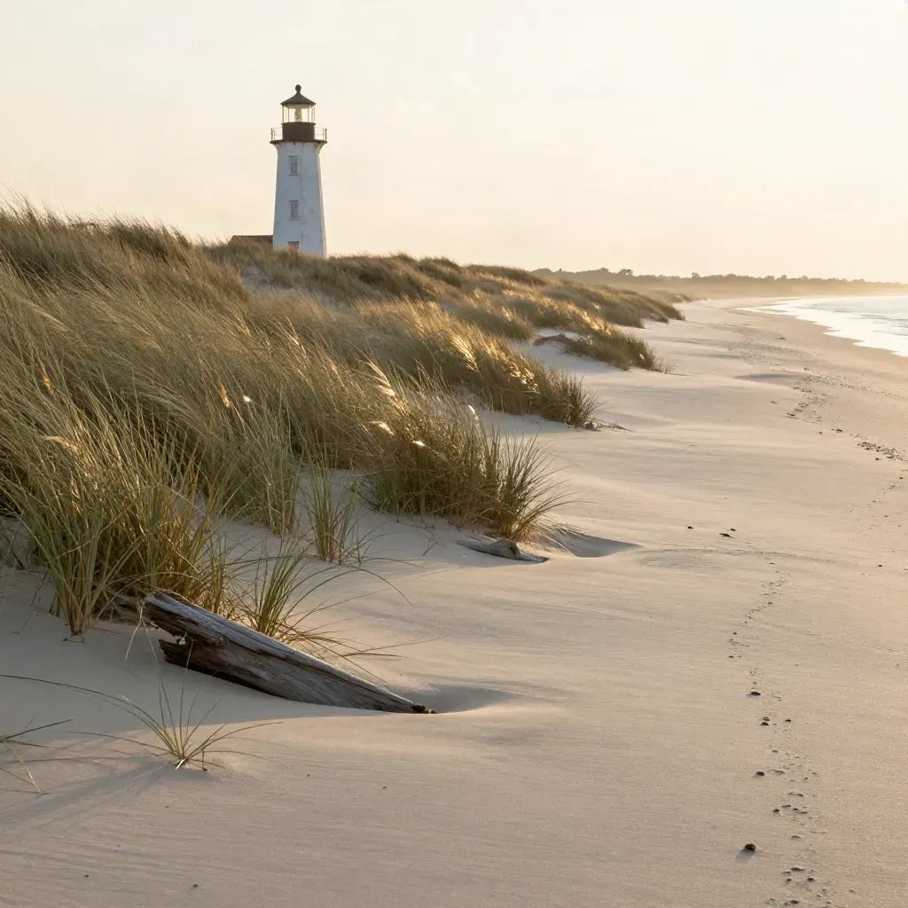 Long Island dunes, marsh and a distant lighthouse under warm coastal haze