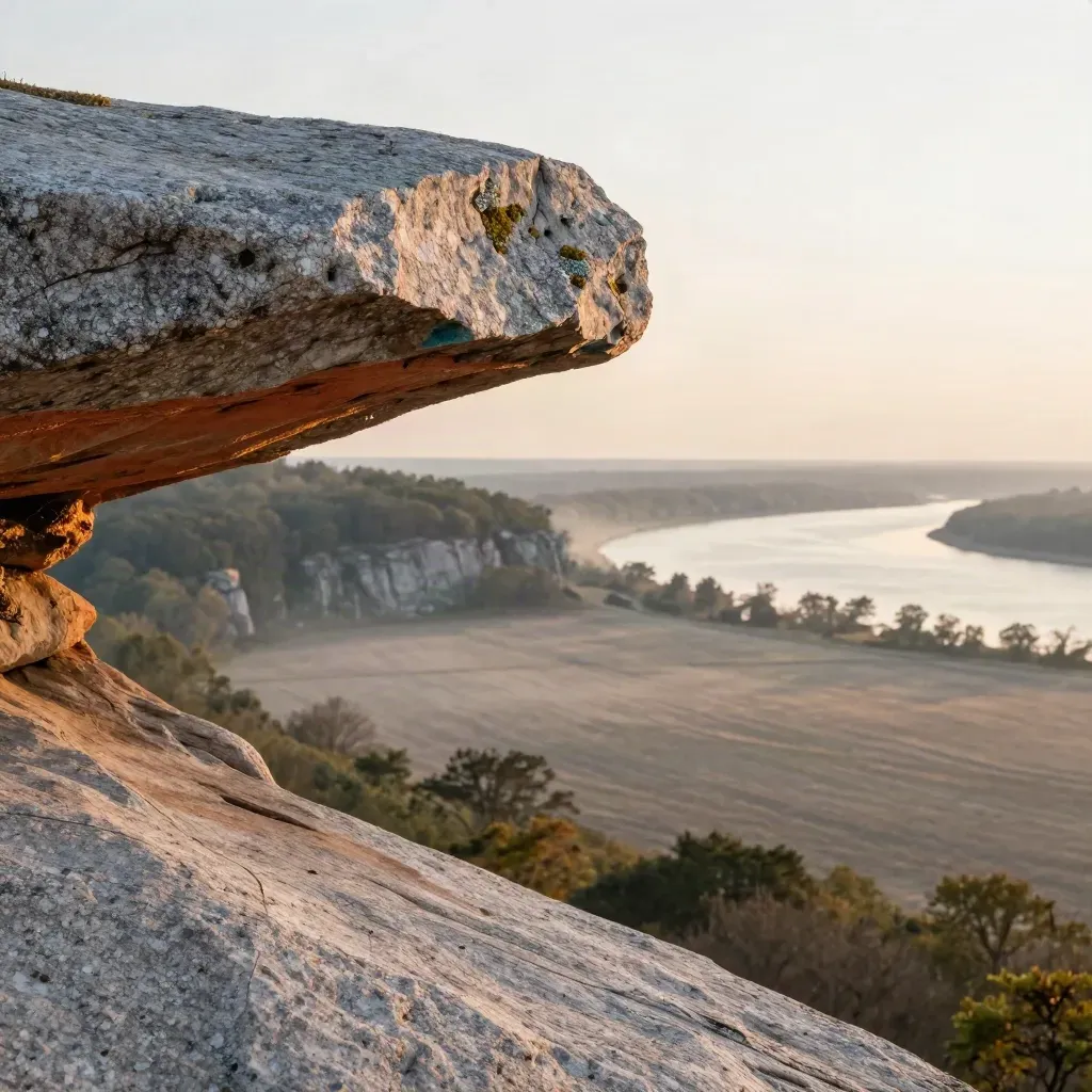 Westchester County granite bluff overlooking misty wooded ridgelines at golden hour
