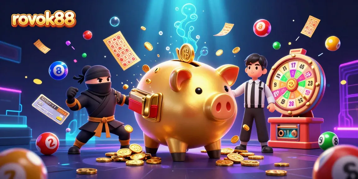 Engage in the exciting world of rokok88 as characters celebrate with coins and lottery elements raining down.