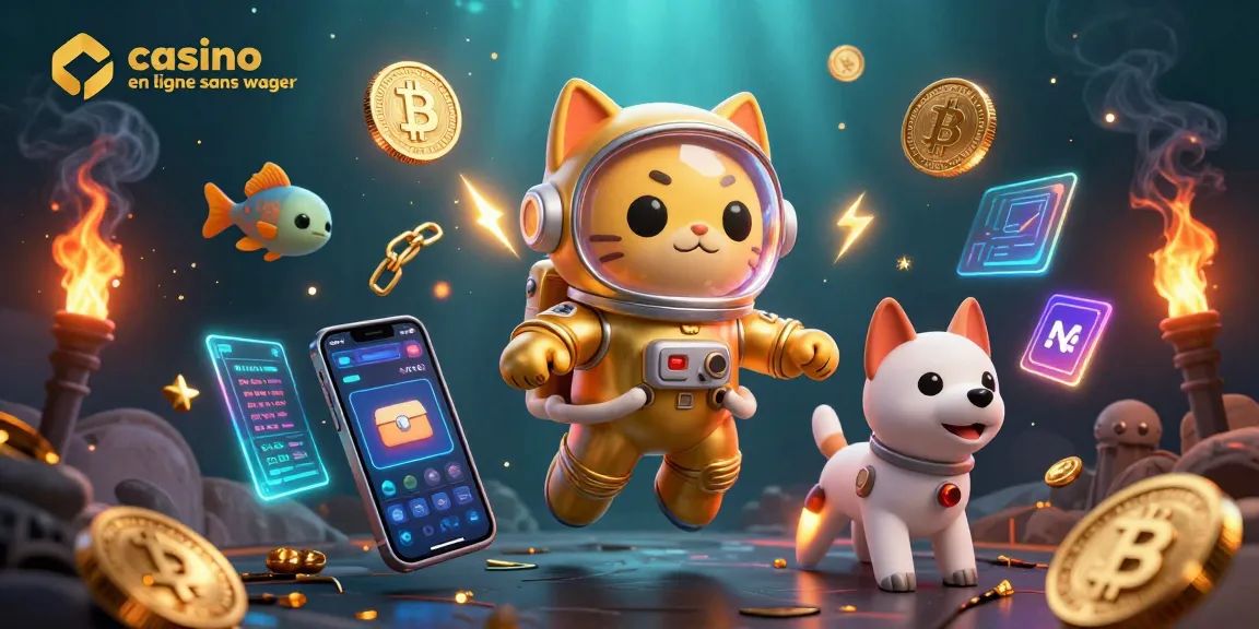 Profitez du casino en ligne sans wager avec cette illustration dynamique d'un chat astronaute et de son compagnon robot.