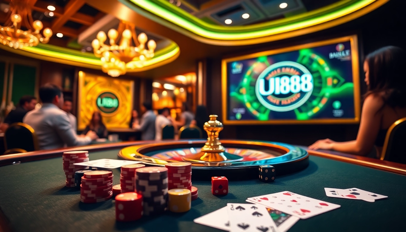 Exciting scene of UU88 online gambling with casino table and roulette wheel.