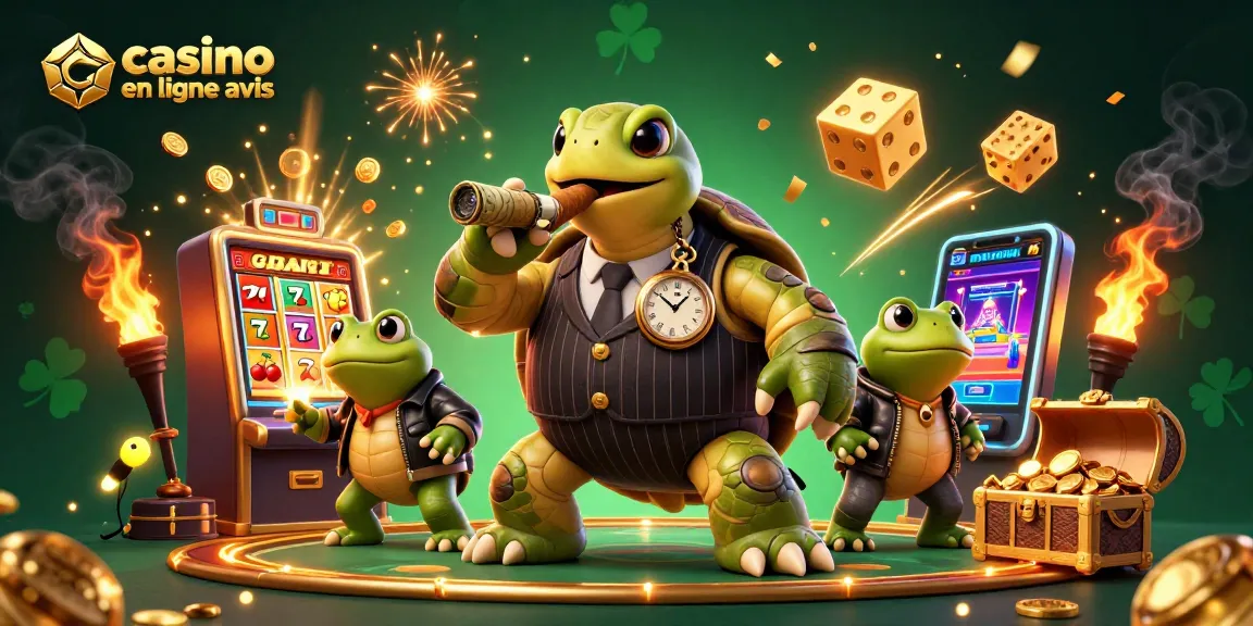Découvrez les jeux de casino en ligne avis illuminés par une tortue géante en costume, entourée de pièces d'or.