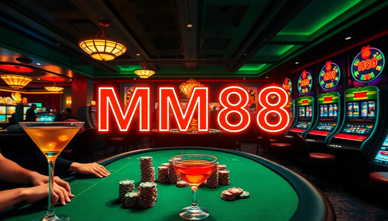 Exciting casino scene with MM88 neon lights, poker table action, and vibrant slot machines.