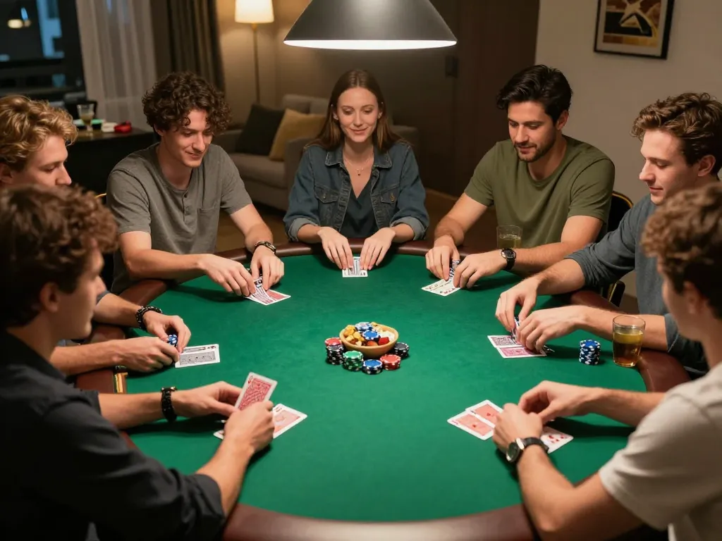 Sizzling poker night with friends at home, showcasing SUNWIN TRANG CHỦ experience around a table.