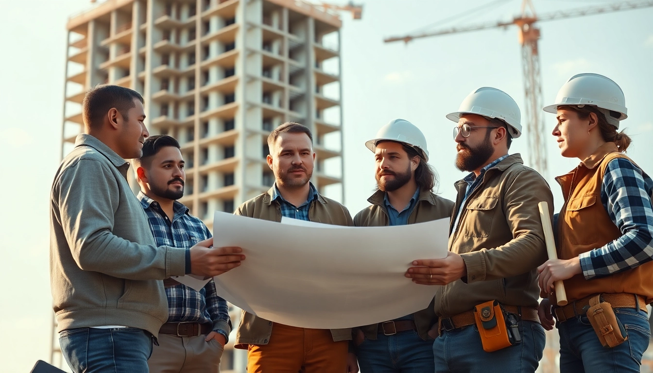 Tennessee construction association teamwork on a building site with blueprints.