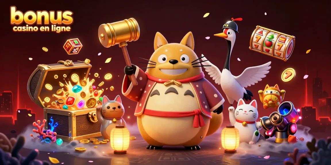 Admirez la scène animée représentant le bonus de casino en ligne, avec des personnages colorés et des éléments de jeu dynamiques.