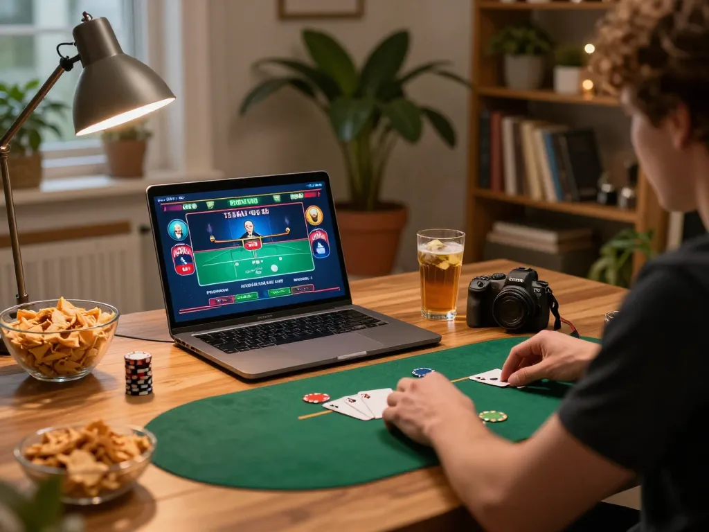Engaging in a poker tournament on a laptop showcasing TG88 and responsible gaming at home.