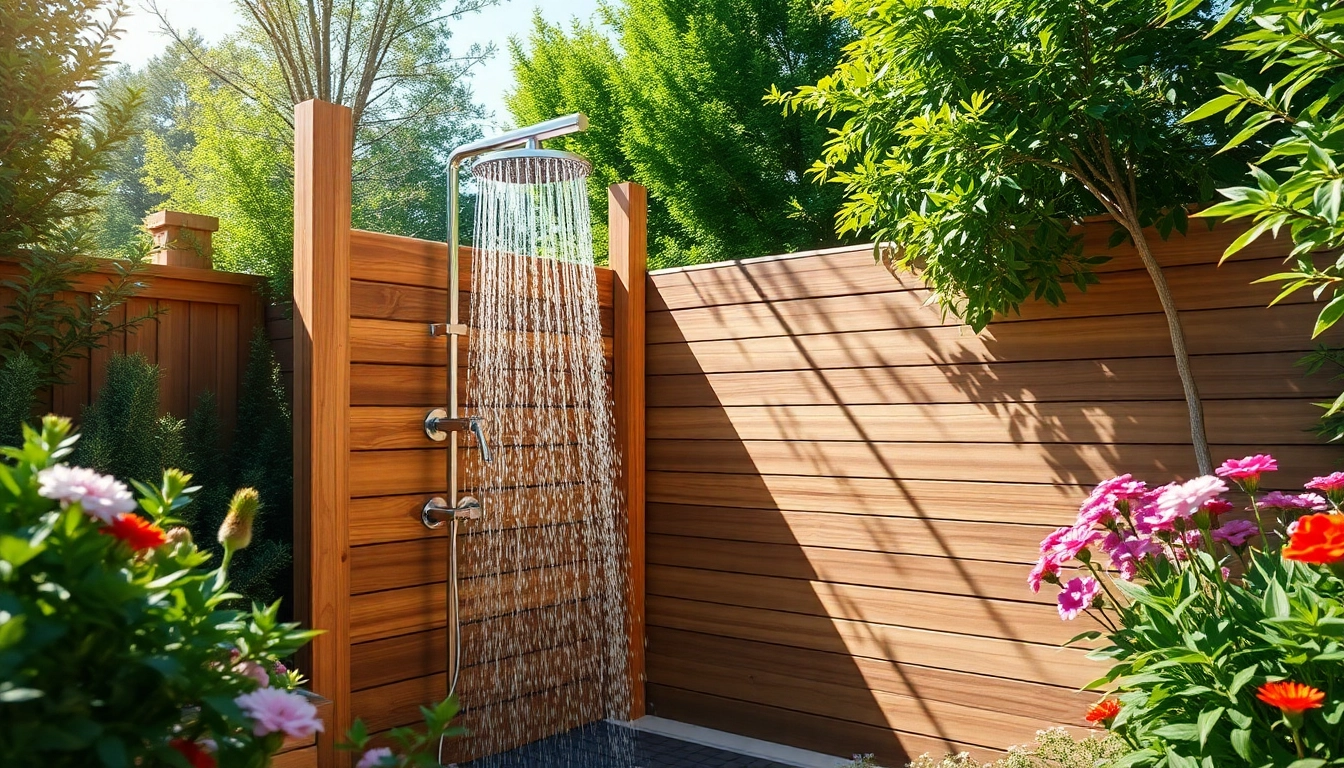 Outdoor installation by sunny shower usa inc featuring modern fixtures and lush greenery for a tranquil vibe.