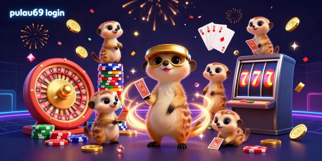Experience the excitement of pulau69 login with meerkats running a lively casino filled with chips and gold.