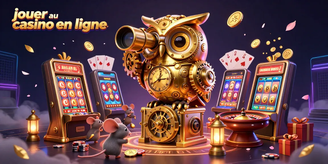 Jouer au casino en ligne avec une chouette dorée à rouages et des souris entre les machines à sous.