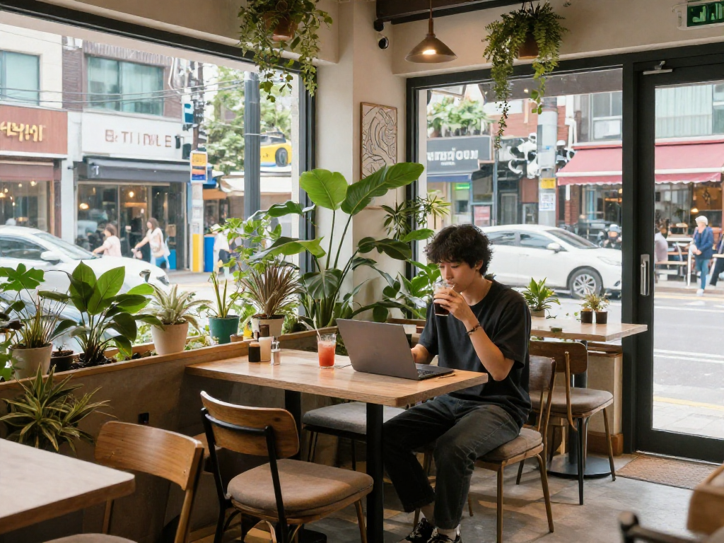 강남쩜오를 즐길 수 있는 아늑한 카페 분위기, 편안한 좌석 배치와 자연광이 들어오는 공간