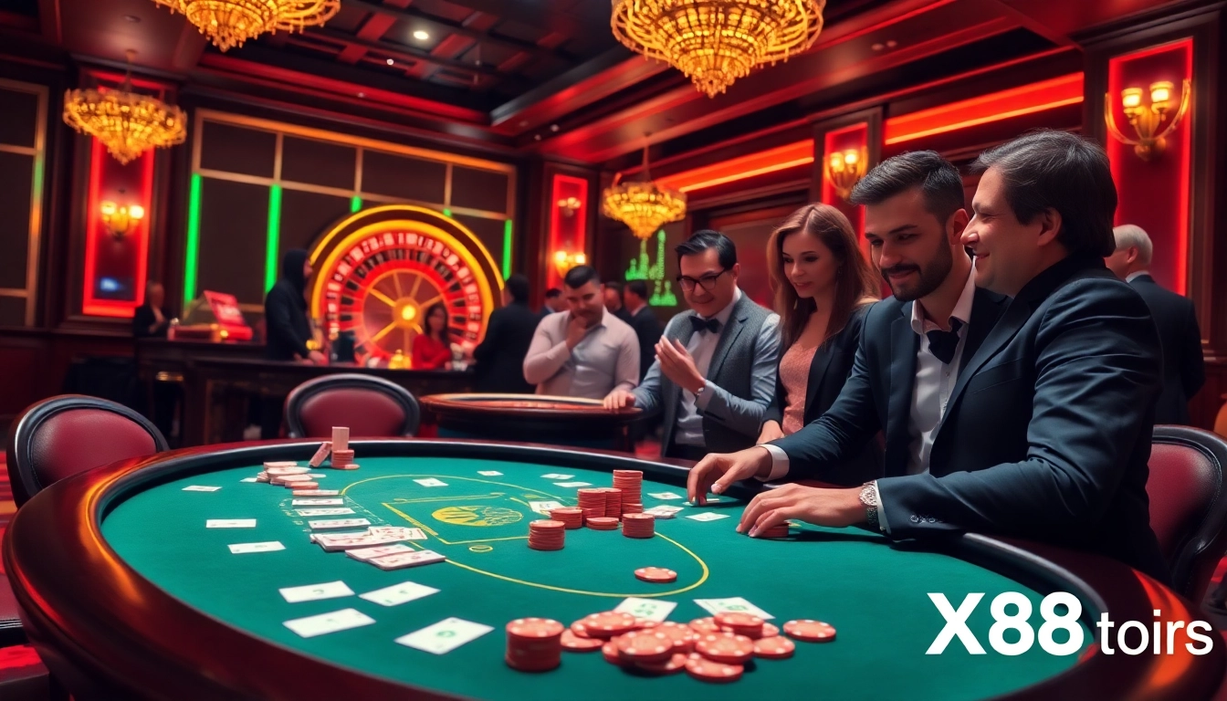 X88.tours showcases an exciting casino atmosphere with poker, roulette, and celebratory wins.