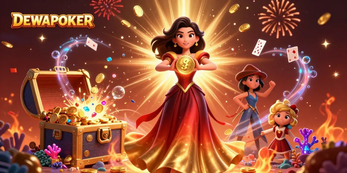 Experience DewaPoker's vibrant game atmosphere with a stunning Asian woman holding a golden coin amidst falling gems and gold.