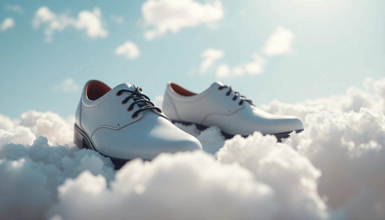 Walking on Clouds style shoes resting on clouds against a bright sky.