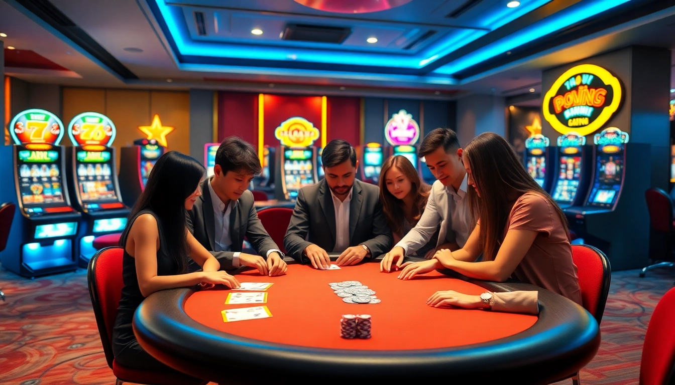 Exciting atmosphere at Cổng game B52 poker table with players engaged in high-stakes action.