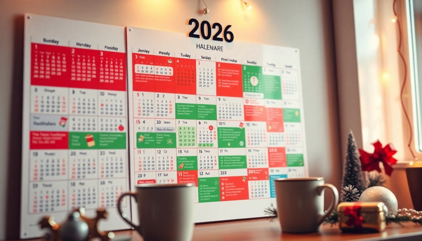 Calendar with holidays for 2026 showcasing vibrant colors and festive icons.