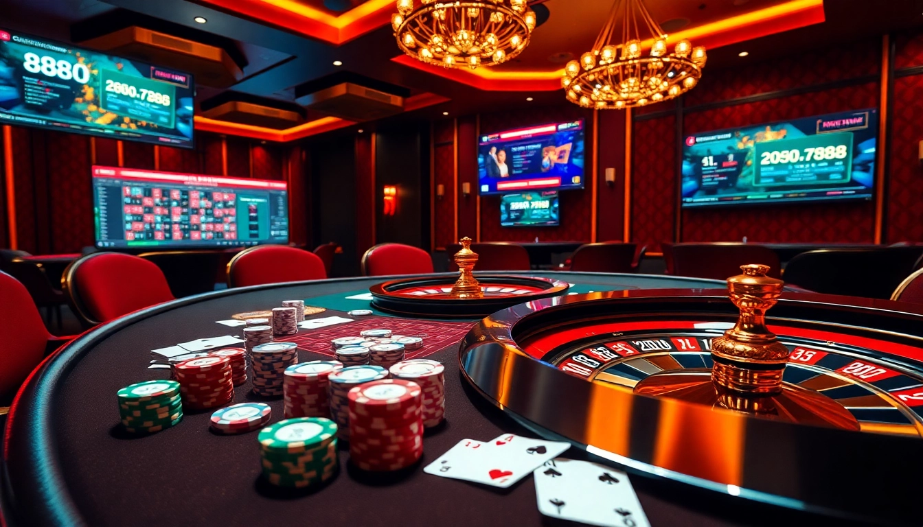 Exciting casino atmosphere at 888new with poker chips and roulette wheel.