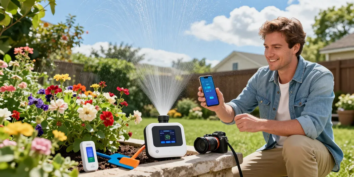 Setting up the RainPoint smart sprinkler controller in a vibrant garden for efficient watering.