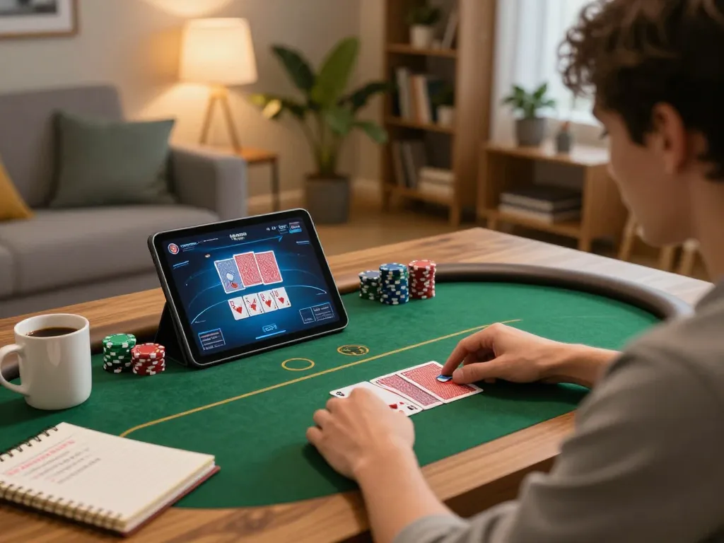 KP88 player focused on poker strategy at home, showcasing tablet interface and cozy gaming atmosphere.