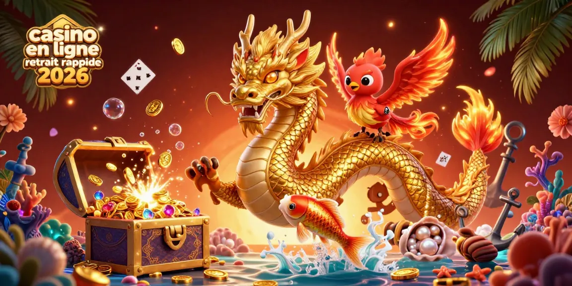 Casino en ligne à retrait rapide 2026 avec un dragon en or, un phénix et des pièces d'or.