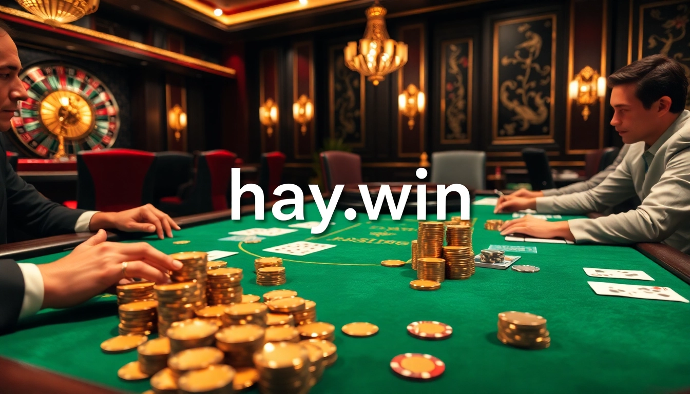 Players enjoying a thrilling poker game at hay.win casino with luxurious chips and cards.