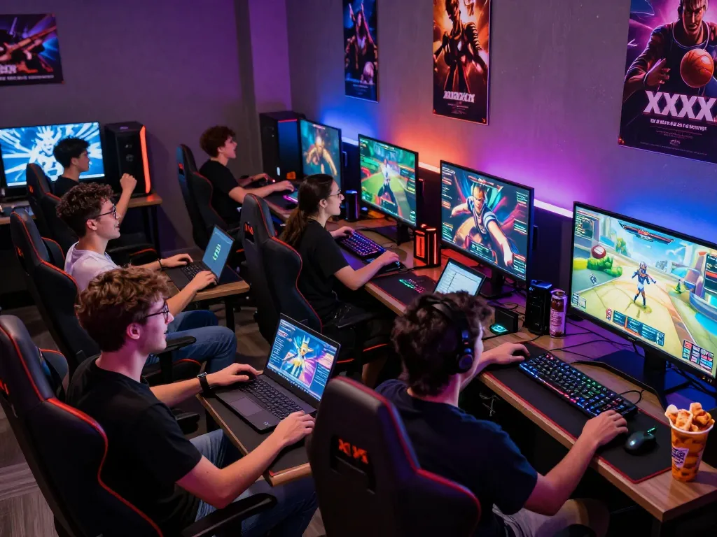 Group enjoying xxx games in a vibrant gaming lounge with LED lights.