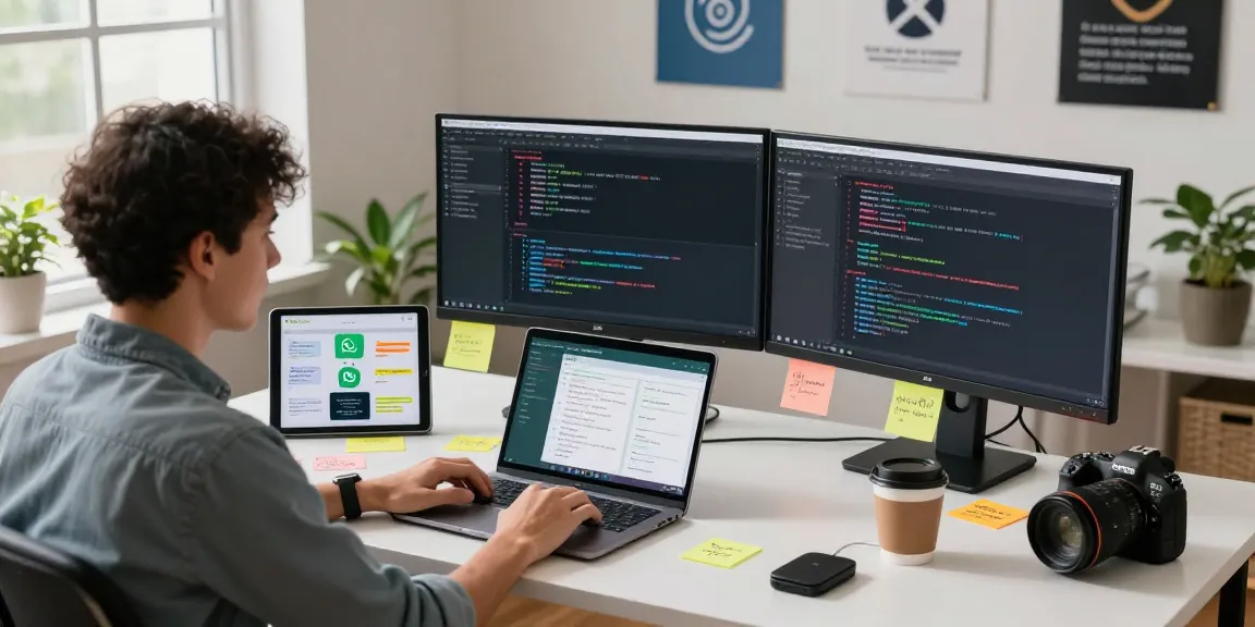 WhatsApp下載 in a digital workspace, showcasing developer designing app interface and coding.