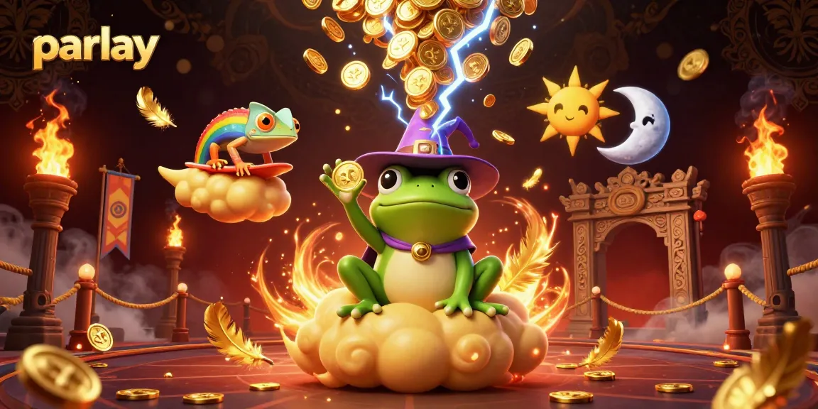 Experience thrilling parlay action with vibrant wizard frog and rainbow chameleon in a dazzling scene.