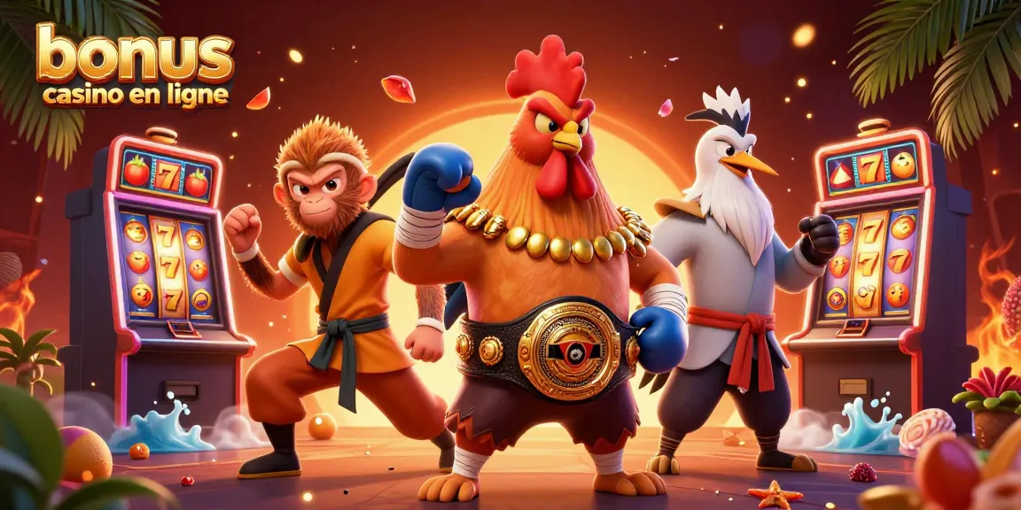 Bonus casino en ligne avec une illustration dynamique de machines à sous et personnages de combat.
