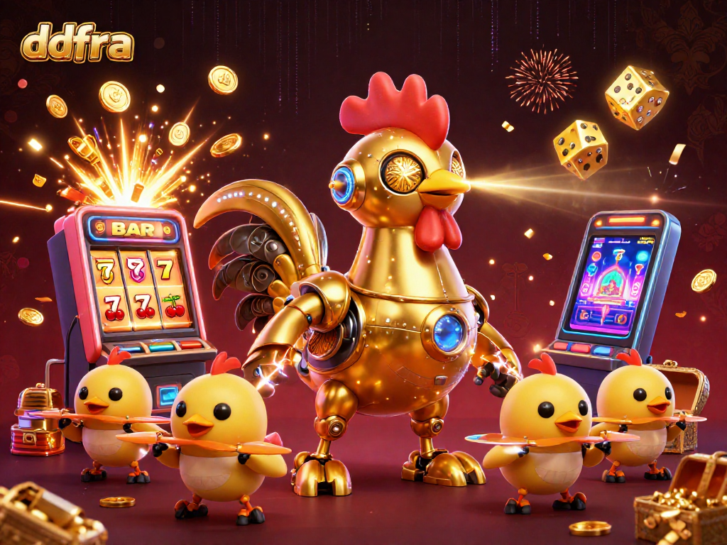 Engage with ddfra's thrilling casino world featuring a golden rooster robot and countless rewards.