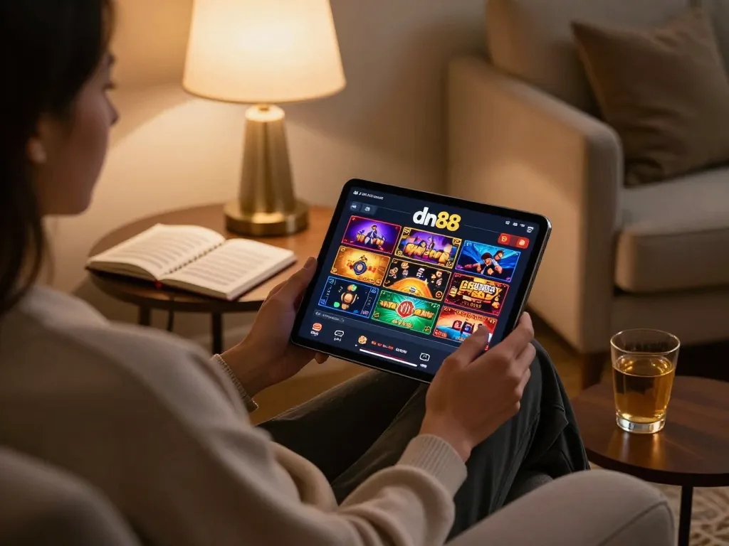 Engaging with the dn88 casino app on a tablet while enjoying a cozy home atmosphere.