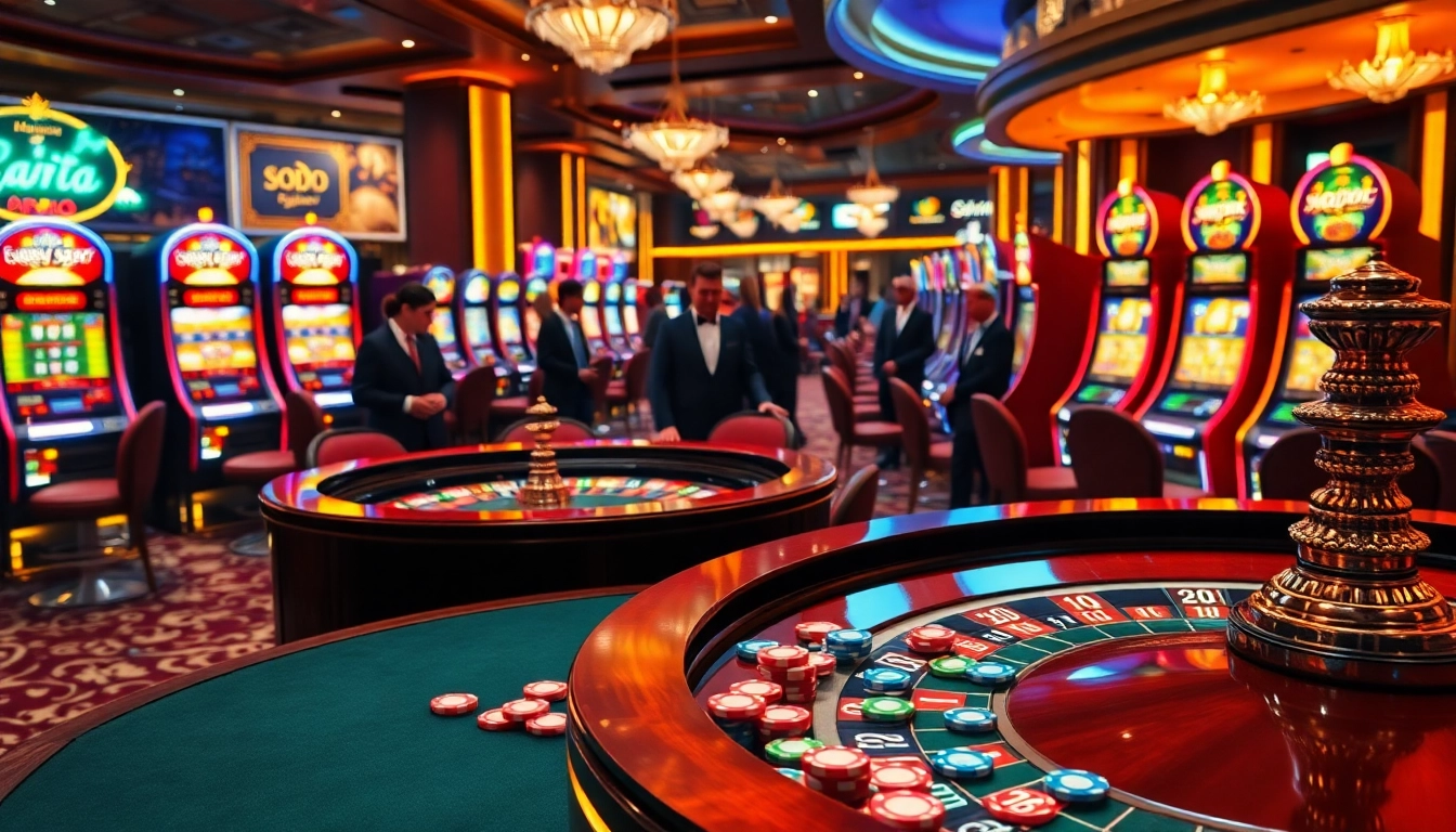 SODO-themed vibrant casino scene featuring roulette tables and colorful slot machines.