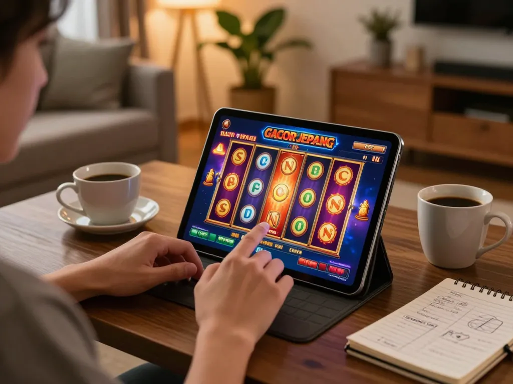 Engaging moment featuring a player interacting with slot gacor jepang on a tablet, capturing the excitement of online gaming.