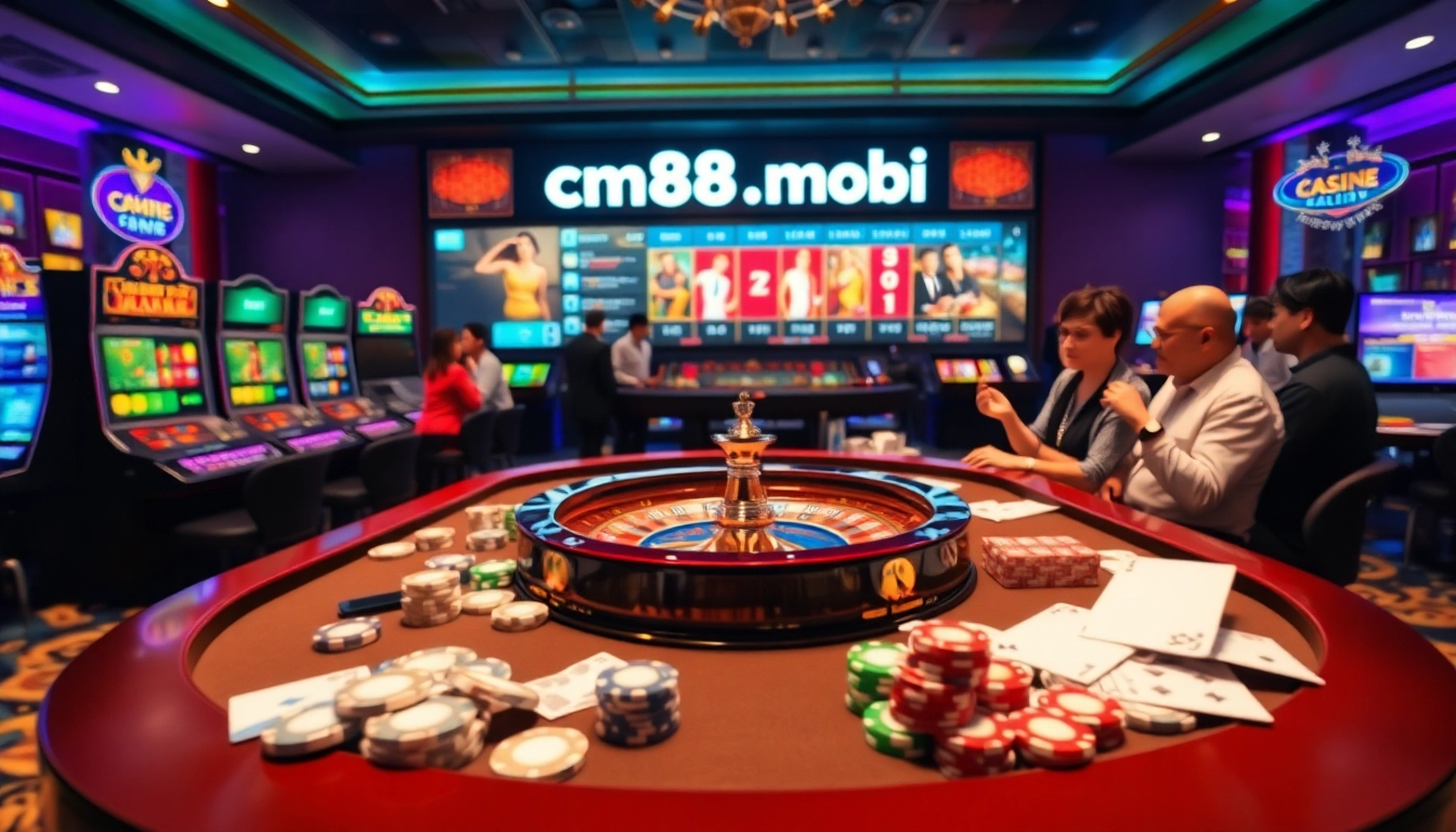Experience the excitement of cm88.mobi at a vibrant casino with roulette and slot machines.