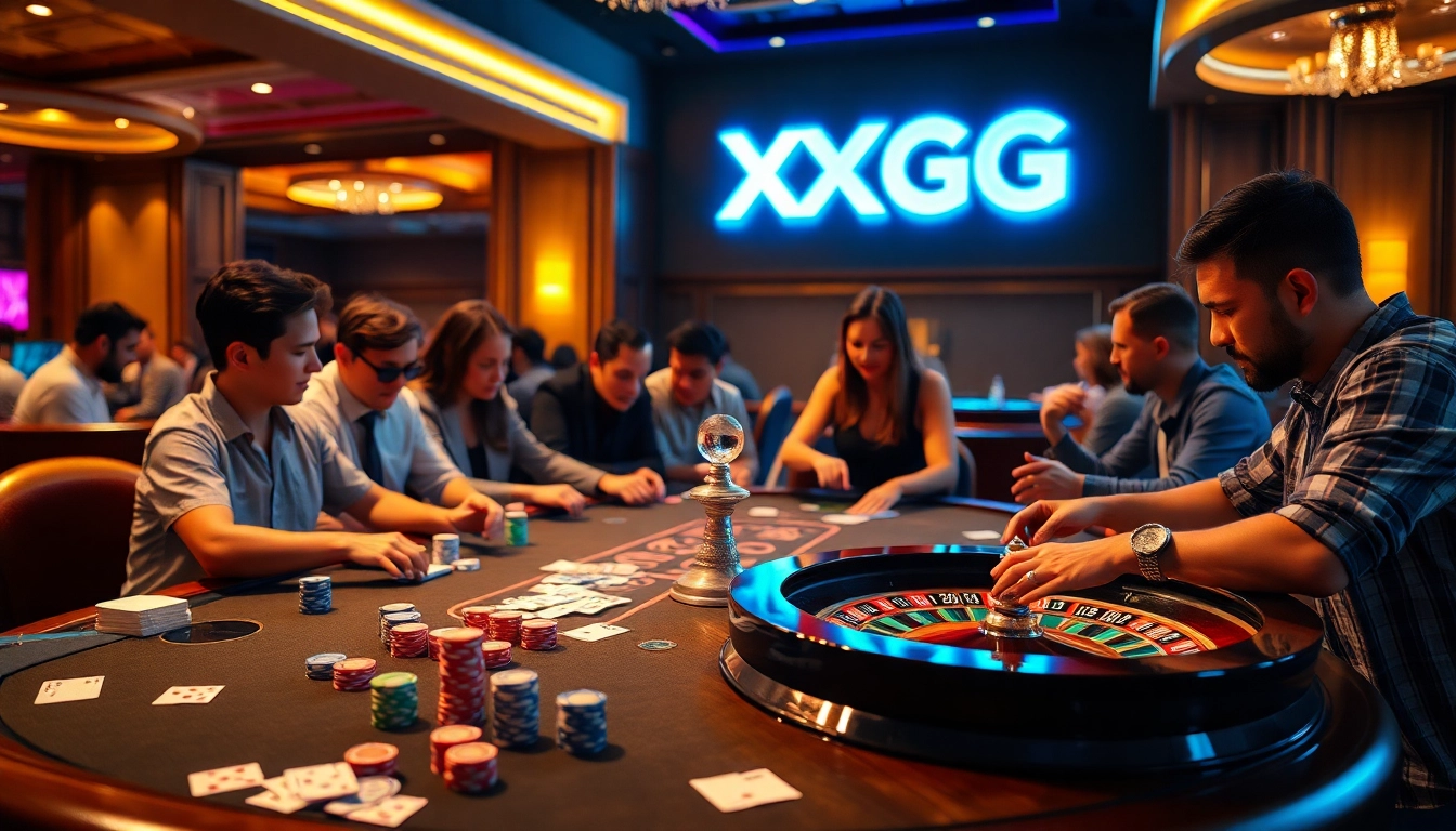 Experience thrilling gameplay at XXGG's luxurious casino tables with vibrant poker chips and roulette.