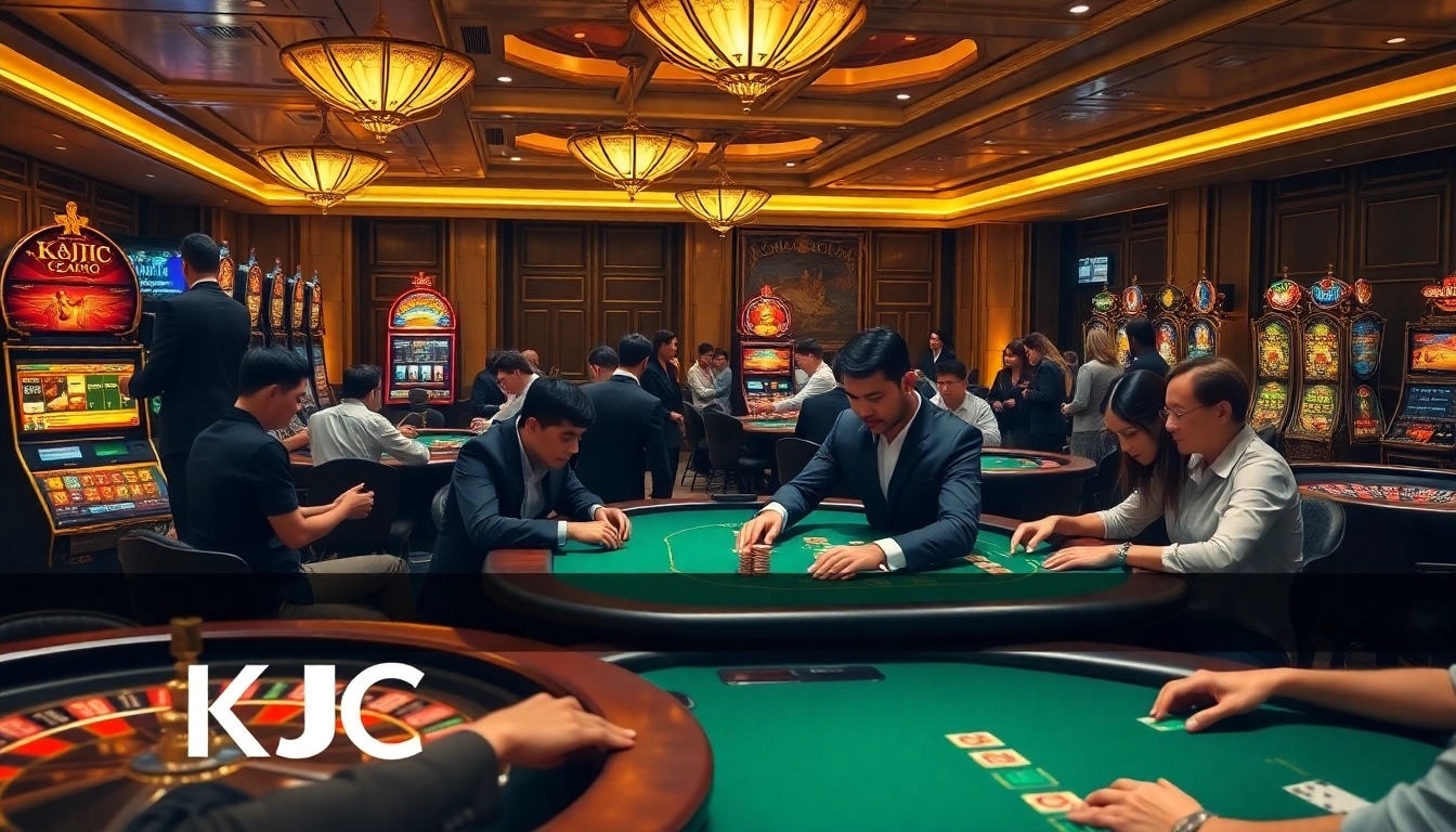 Excited players engage in high-stakes poker at KJC's luxurious gaming tables, showcasing vibrant casino atmosphere.