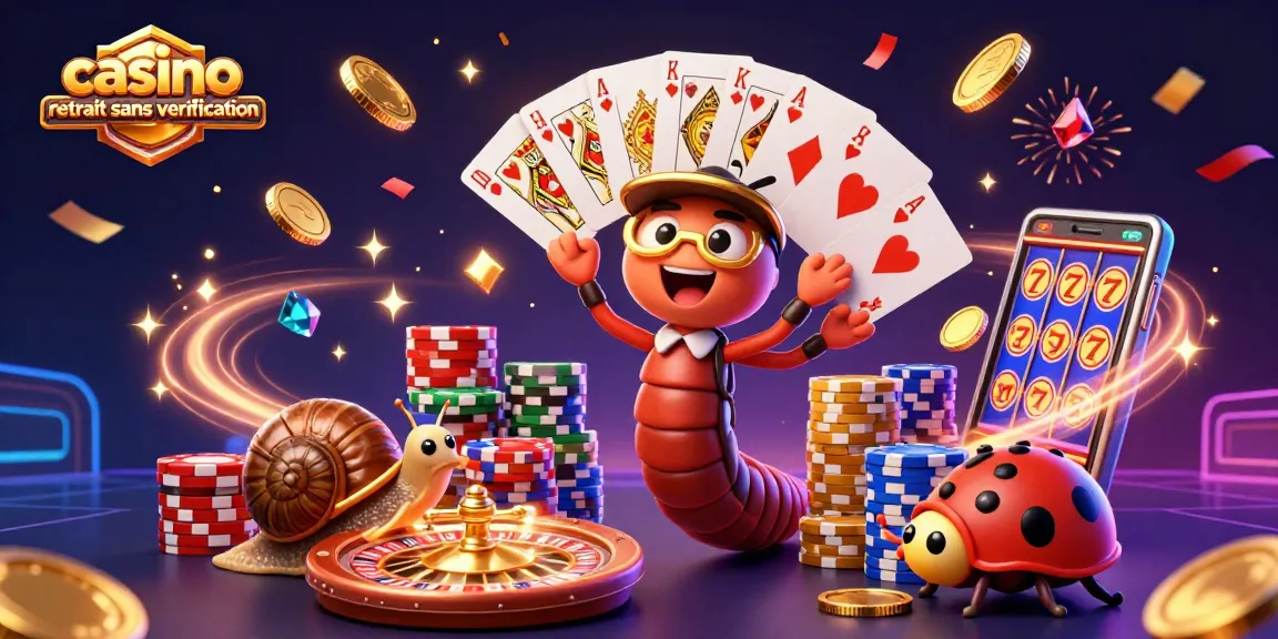Illustration de casino retrait sans vérification avec un croupier mille-pattes et des jetons.