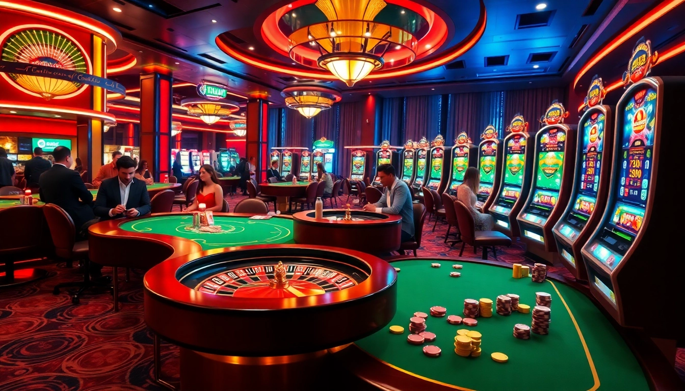 Des joueurs profitant de jeux variés dans un casino en ligne dynamique avec des tables de poker et des machines à sous.