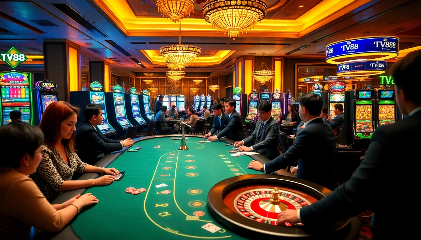 Players enjoying exciting casino games at TV88 with vibrant slots and poker tables.