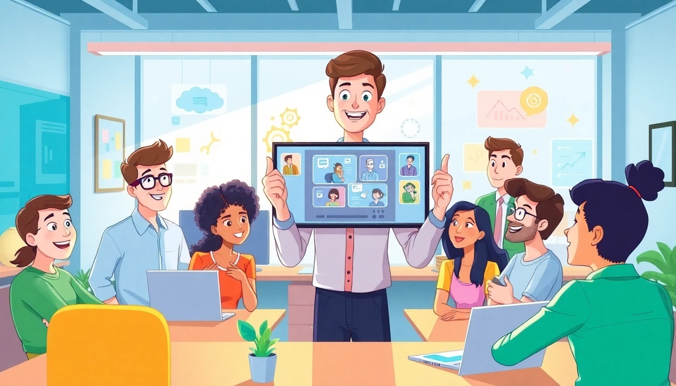 Erkläranimation zeigt kreative Charaktere in einem lebendigen Büro-Setting mit digitalen Bildschirmen.