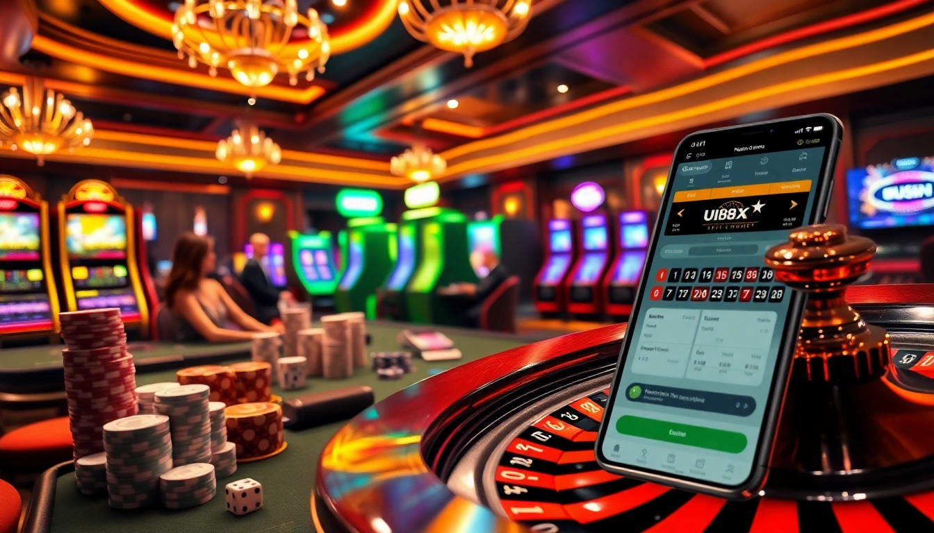 Players engaging in dynamic gambling at uu88 casino tables with vibrant slot machines.